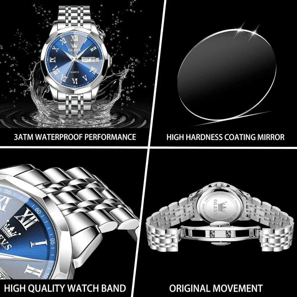 Olevs Men's Silver Blue Steel Stain Waterproof Stainless Luminous Stylish Watch